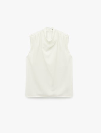 Krep Kumaş Drape Detaylı Dik Yaka Kolsuz Bluz