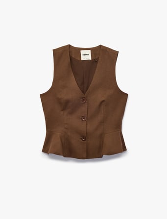 V Yaka Düğmeli Peplum Keten Yelek