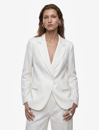 Keten Karışımlı Uzun Kollu Düğmeli Cepli Kruvaze Blazer Ceket
