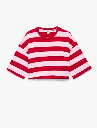 Pamuklu Bisiklet Yaka 3/4 Kollu Çizgili Crop Tişört