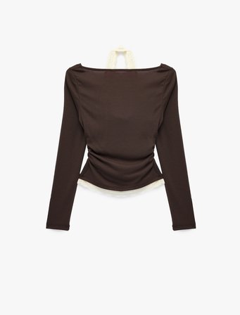 Viskon Karışımlı Slim Fit Uzun Kollu Dantel Detaylı Halter Yaka Tişört
