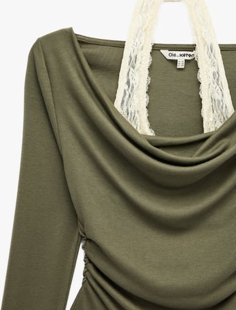 Viskon Karışımlı Slim Fit Uzun Kollu Dantel Detaylı Halter Yaka Tişört