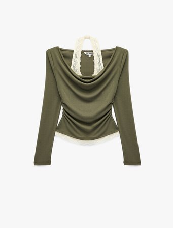 Viskon Karışımlı Slim Fit Uzun Kollu Dantel Detaylı Halter Yaka Tişört