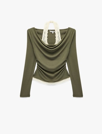Viskon Karışımlı Slim Fit Uzun Kollu Dantel Detaylı Halter Yaka Tişört