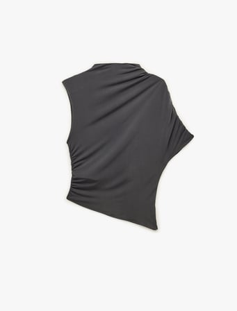 Drapeli Slim Fit Kısa Kollu Dik Yaka Asimetrik Bluz