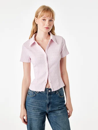 Regular Fit Kısa Kollu Düğmeli Bürümcük Kumaş Polo Yaka Bluz