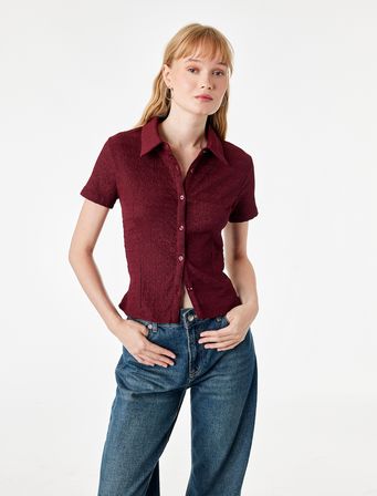 Regular Fit Kısa Kollu Düğmeli Bürümcük Kumaş Polo Yaka Bluz