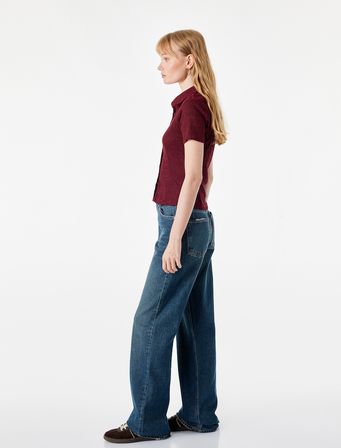 Regular Fit Kısa Kollu Düğmeli Bürümcük Kumaş Polo Yaka Bluz
