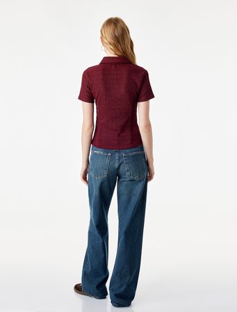 Regular Fit Kısa Kollu Düğmeli Bürümcük Kumaş Polo Yaka Bluz