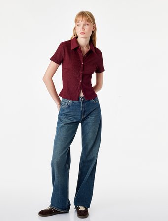 Regular Fit Kısa Kollu Düğmeli Bürümcük Kumaş Polo Yaka Bluz