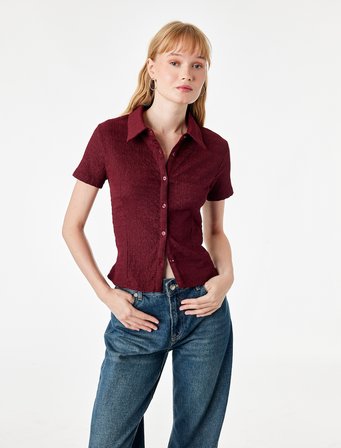 Regular Fit Kısa Kollu Düğmeli Bürümcük Kumaş Polo Yaka Bluz