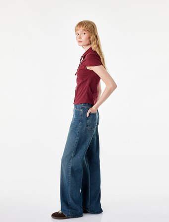 Slim Fit Düğmeli Büzgülü Klasik Yaka Bağcık Detaylı Kısa Kollu Bluz
