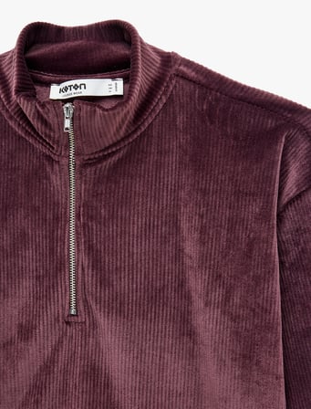 Rahat Kalıp Dik Yaka Yarım Fermuarlı Uzun Kollu Kadife Pijama Üstü