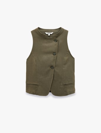 Slim Fit Mandarin Yaka Asimetrik Düğmeli Keten Yelek