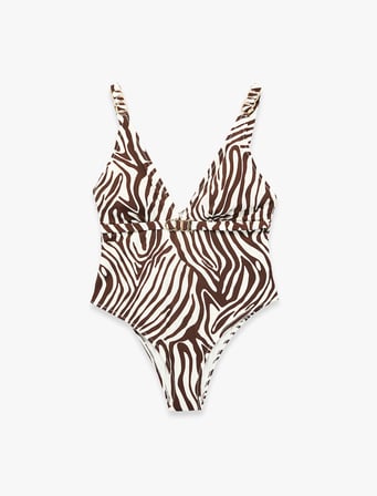 V Yaka Metal Aksesuarlı Zebra Desenli Mayo