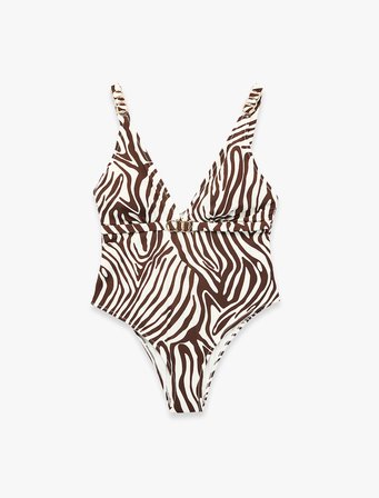 V Yaka Metal Aksesuarlı Zebra Desenli Mayo