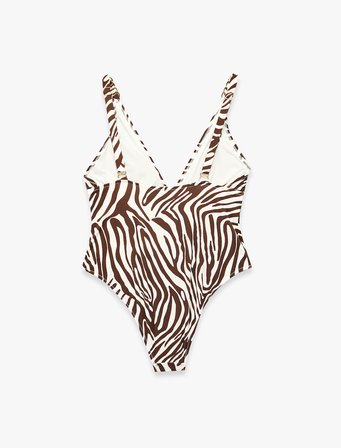 V Yaka Metal Aksesuarlı Zebra Desenli Mayo