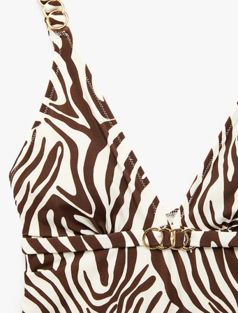 V Yaka Metal Aksesuarlı Zebra Desenli Mayo