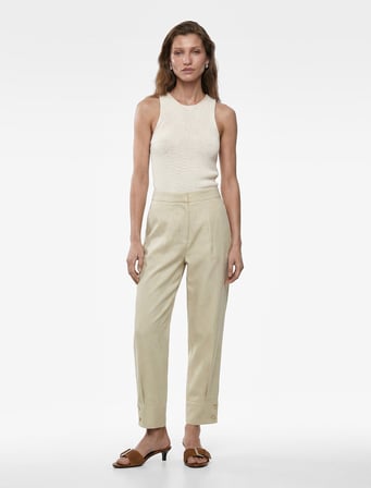 Aksesuar Düğme Detaylı Duble Paça Straight Fit Keten Pantolon