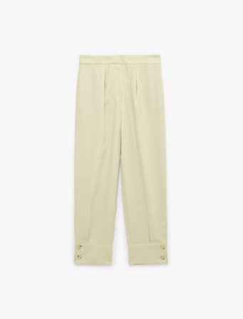 Aksesuar Düğme Detaylı Duble Paça Straight Fit Keten Pantolon