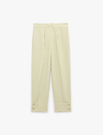 Aksesuar Düğme Detaylı Duble Paça Straight Fit Keten Pantolon