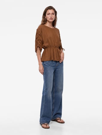 Viskon Kumaş Loose Fit Yuvarlak Yaka Büzgülü Bluz