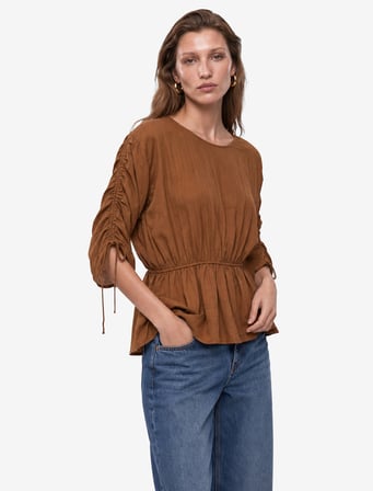 Viskon Kumaş Loose Fit Yuvarlak Yaka Büzgülü Bluz