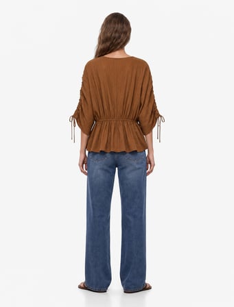 Viskon Kumaş Loose Fit Yuvarlak Yaka Büzgülü Bluz
