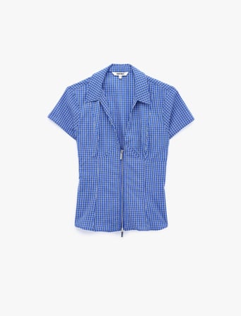 Slim Fit Bel Vurgulu Fermuar Detaylı Pötikareli Poplin Gömlek