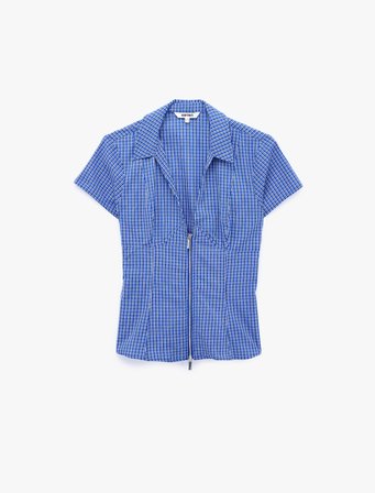 Slim Fit Bel Vurgulu Fermuar Detaylı Pötikareli Poplin Gömlek