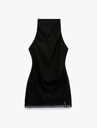 Halter Yaka Dantel Detaylı Keten ve Viskon Karışımlı Kolsuz Mini Elbise
