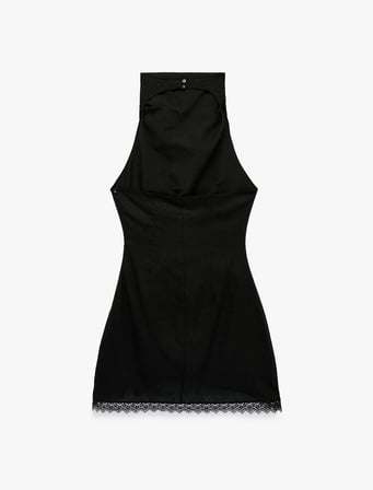 Halter Yaka Dantel Detaylı Keten ve Viskon Karışımlı Kolsuz Mini Elbise