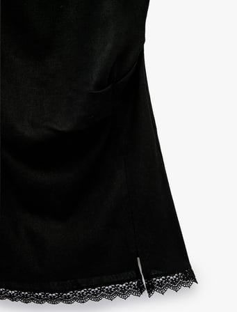 Halter Yaka Dantel Detaylı Keten ve Viskon Karışımlı Kolsuz Mini Elbise