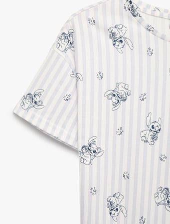 Stitch Baskılı Pamuklu Lisanslı Bisiklet Yaka Kısa Kollu Şortlu Pijama Takımı