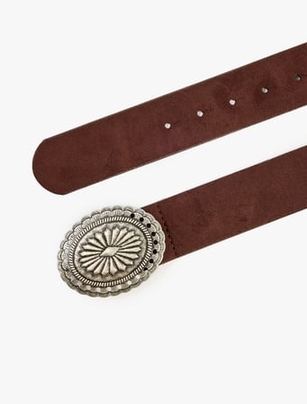 Süet Görünümlü Oval Etnik Toka Detaylı Kemer