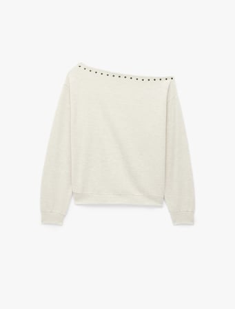 Uzun Kollu Zımba Detaylı Asimetrik Kayık Yaka Omzu Açık Sweatshirt