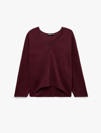 Uzun Kollu Dantel Detaylı V Yaka Sweatshirt
