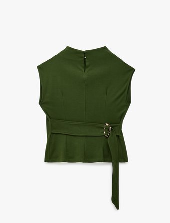 Slim Fit Aksesuarlı Kemer Detaylı Kolsuz Bluz
