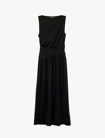 Slim Fit Drapeli Yuvarlak Kayık Yaka Kolsuz Düşük Bel Uzun Elbise