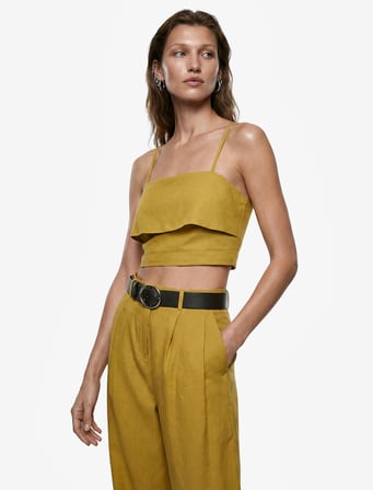 Regular Fit İp Askılı Kolsuz Crop Keten Bluz