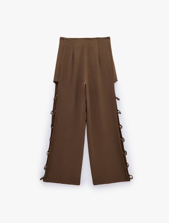Keten Görünümlü Pencere Detaylı Boncuklu Geniş Paça Pantolon