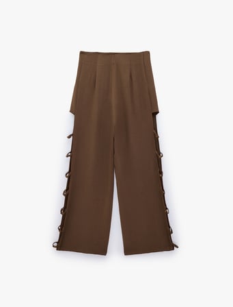 Keten Görünümlü Pencere Detaylı Boncuklu Geniş Paça Pantolon