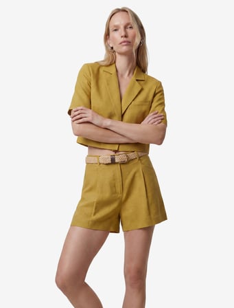 Kısa Kollu Geniş Yaka Düğmeli Keten Karışımlı Crop Blazer Ceket