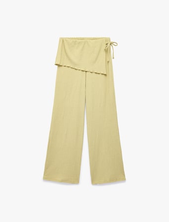 Bürümcük Kumaş Beli Bağcık Detaylı Geniş Paça Etekli Pantolon