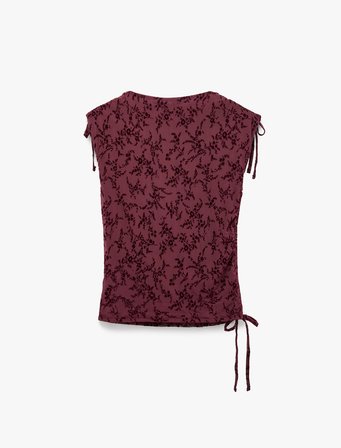 Slim Fit Büzgülü Kayık Yaka Kolsuz Dantel İşlemeli Tül Bluz