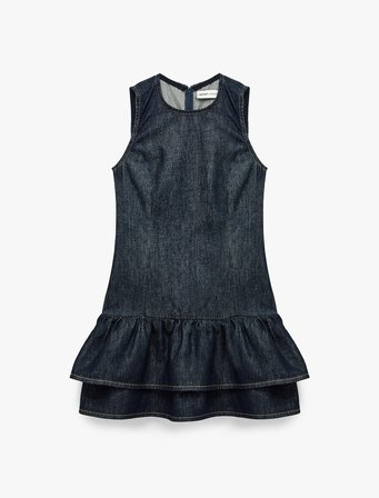 Pamuklu Rahat Kalıp Kolsuz Bisiklet Yaka Katlı Mini Jean Elbise