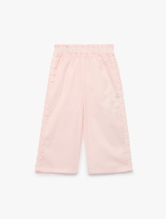 Çiçekli Dantel Detaylı Poplin Geniş Paça Pantolon