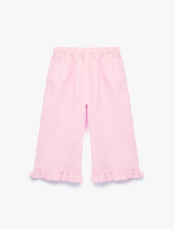 Kalp Detaylı Viskon Karışımlı Beli Lastikli Fırfırlı Paça Pamuklu Pantolon