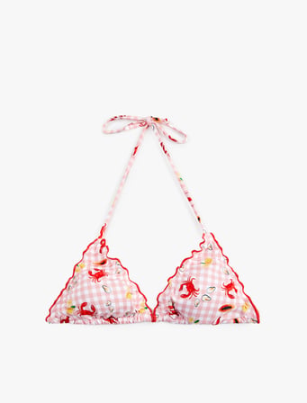 Koton X Sibil Çetinkaya - Fırfırlı Yengeç Baskılı Pötikareli Üçgen Bikini Üstü