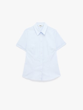 Regular Fit Kısa Kollu Klasik Yaka Düğmeli Çizgili Poplin Gömlek
